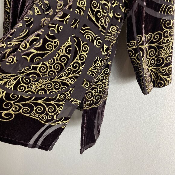 Un Jour Ailleurs Womens 10 Button Up Velvet Burnout Shirt Tunic Top Purple Gold - Picture 9 of 13